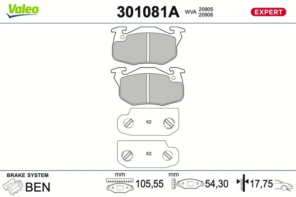 Jeu de 4 plaquettes de frein VALEO ref. 301081A